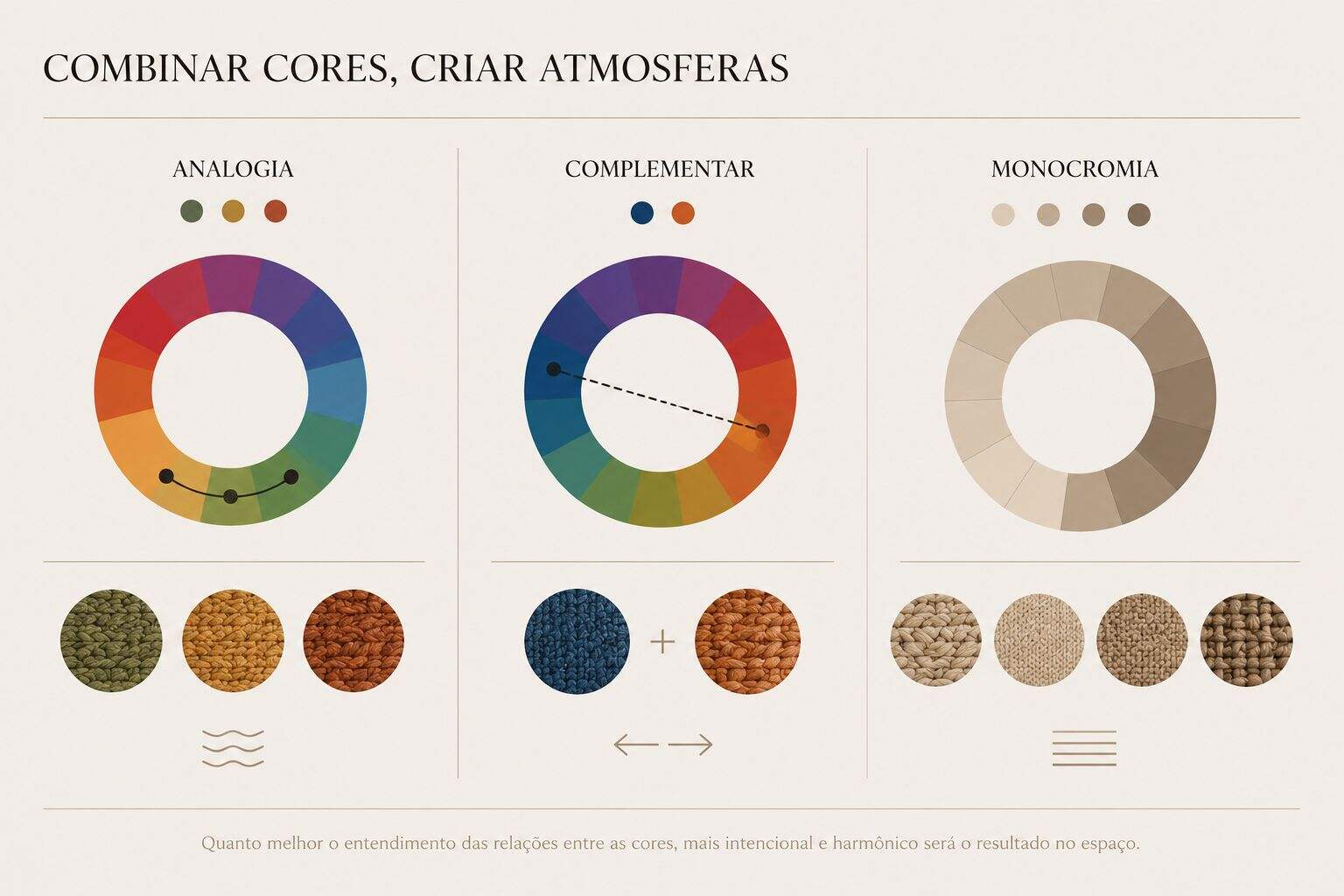 Infográfico com três estratégias de combinação de cores para tapetes: analogia, contraste complementar e monocromia
