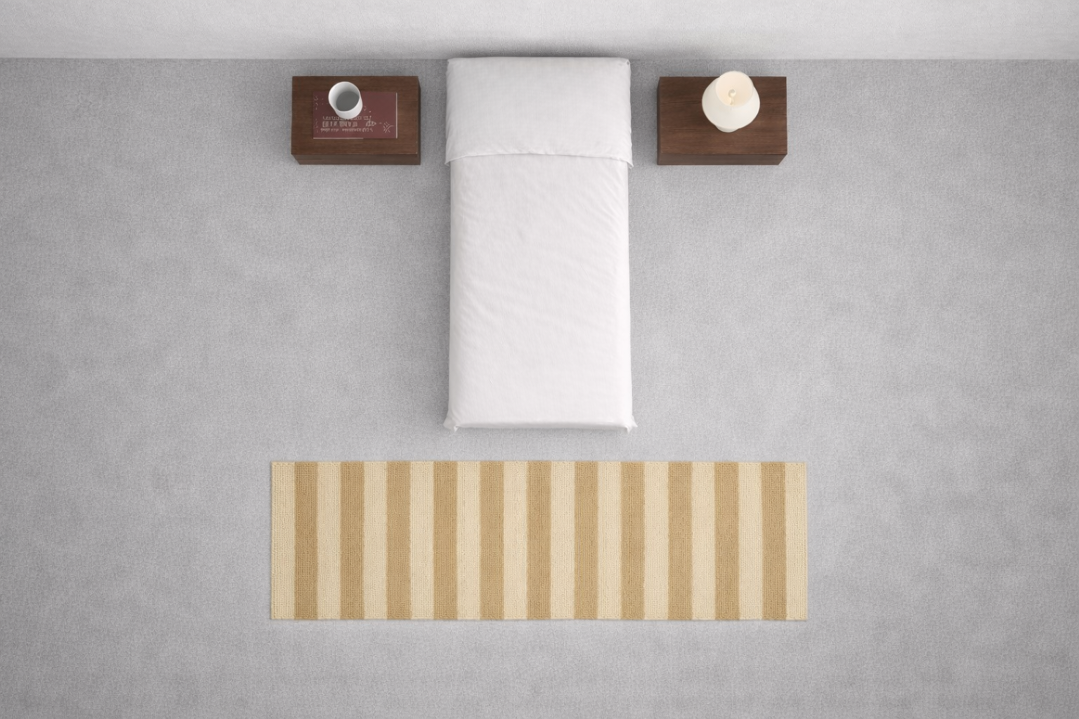 Quarto solteiro compacto com tapete na frente da cama